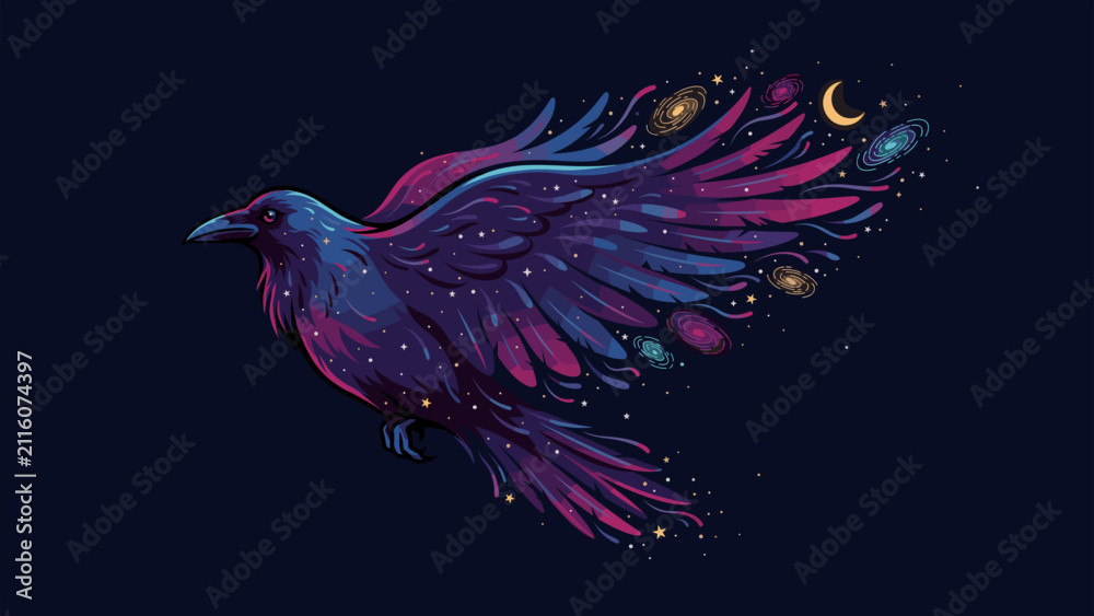 Obraz premium Cosmic raven dissolving into stars – Great for fantasy wall art, tattoo designs, or bird lovers prints.