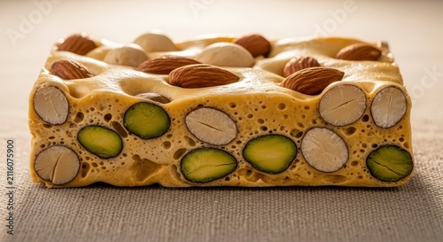 Sweet nougat bar loaded with almonds, macadamia nuts, and pistachios, a delicious confectionery treat