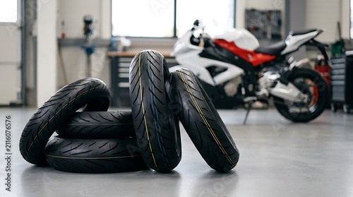 Stacks of performance motorcycle tires on surface of clean garage floor with sportbike