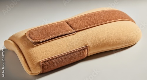 Tan Wrist Brace with Brown Straps for Support and Injury Recovery, Isolated on Gray Background