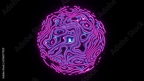 Abstract Neon Sphere with Glowing Topographic Lines and Futuristic Energy Flow Animation. 4K