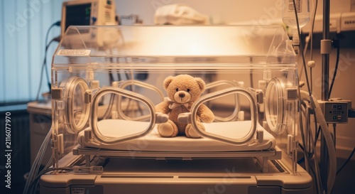 Teddy bear in an incubator, representing care and hope for premature or sick newborns in a medical setting.