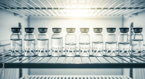 Ten sterile glass vials filled with clear liquid, lined up on a metal shelf in a laboratory refrigerator