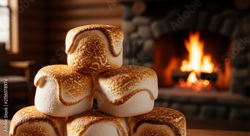 Toasted marshmallows piled high in front of a cozy, crackling fireplace, evoking warmth and comfort