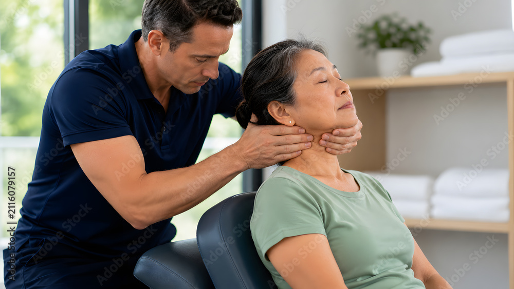 Obraz premium Physical therapist treating senior woman's neck and jaw