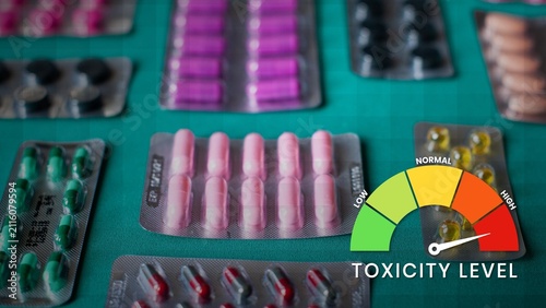 фотографія Various pill packs with a toxicity level gauge indicating low to high
