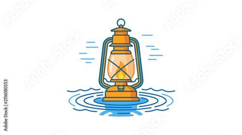 A vintage oil lantern glowing brightly while resting on a calm water surface.
