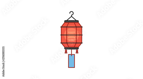 A vibrant red traditional Chinese lantern hanging with a decorative blue tassel.