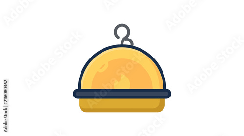 A stylized yellow food serving cloche with a handle on a white background.