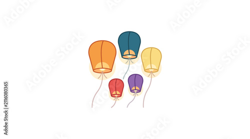 A collection of colorful floating paper lanterns drifting upwards against a plain white background.