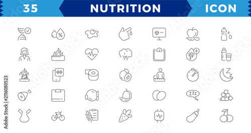 Nutrition and healthy eating icon pack. Collection of thin line icons that support digital navigationNutrition and healthy eating icon pack.Healthy food and Detox Diet Vector Icons.