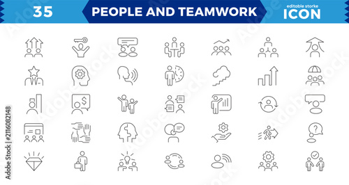People and teamwork line icons set. Business teamwork, team building, work group and human resources,Business teamwork, human resources, meeting, partnership, work group, success - stock vector.