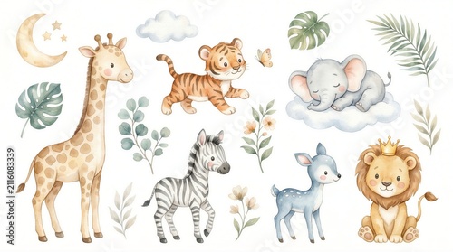 Watercolor illustration set featuring adorable baby jungle animals with botanical leaves, clouds, and celestial elements for nursery decor.