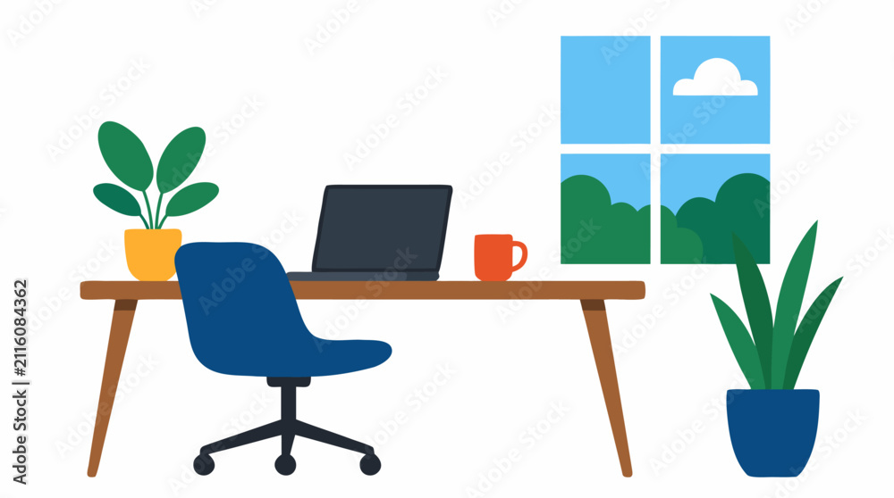 Fototapeta premium Minimalist home office workspace with wooden desk, blue chair, open laptop, coffee mug, houseplant, and sunny window view, clean flat vector illustration for remote work and productivity