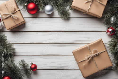 Top view of christmas decoration on wooden background, space for text 