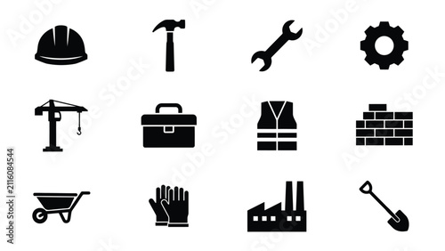 Принти на полотні Modern minimalist black construction tools safety equipment icon set flat design