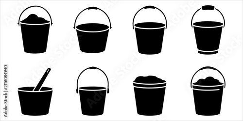 Collection of cleaning buckets featuring water, sand, construction and household bucket silhouettes with utility icons