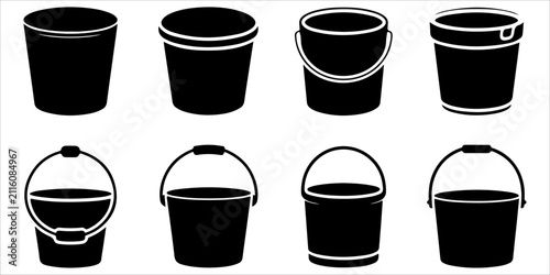 Collection of cleaning buckets featuring water, sand, construction and household bucket silhouettes with utility icons