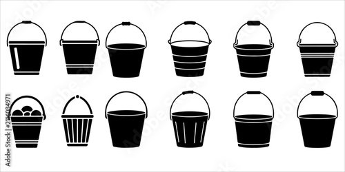 Collection of cleaning buckets featuring water, sand, construction and household bucket silhouettes with utility icons