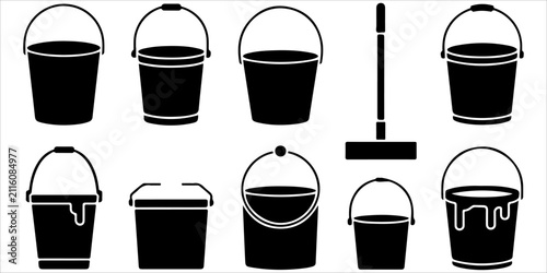 Collection of cleaning buckets featuring water, sand, construction and household bucket silhouettes with utility icons