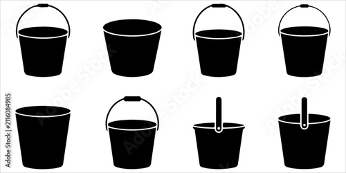 Collection of cleaning buckets featuring water, sand, construction and household bucket silhouettes with utility icons