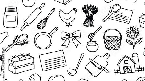 Foto Seamless pattern with hand drawn farm items and kitchen tools for cooking and ba
