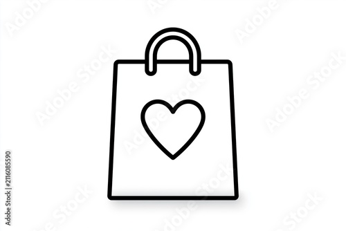 Heart icon on shopping bag: simple black outline on white background