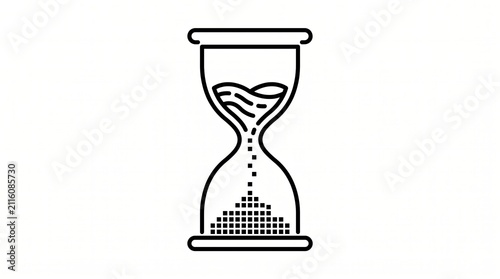Minimalist hourglass icon with pixel sand illustration in black and white