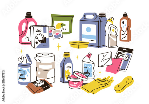 Household cleaning products and supplies set. Laundry detergent bottles, powd...