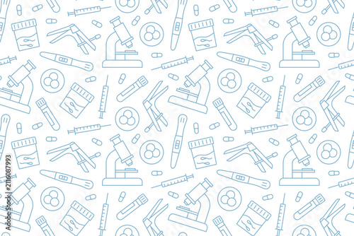 IVF In Vitro Fertilization seamless pattern, fertility treatment icons including sperm, egg cell, microscope, test tube and medical symbols - vector illustration