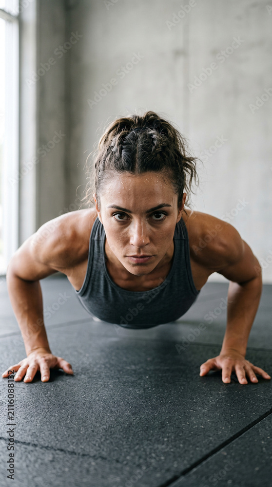 Obraz premium Close-up portrait of an athletic woman looking intently at the camera while doing push-ups, minimal background and strong focused look