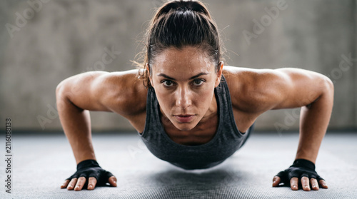 Close-up portrait of an athletic woman looking intently at the camera while doing push-ups, minimal background and strong focused look