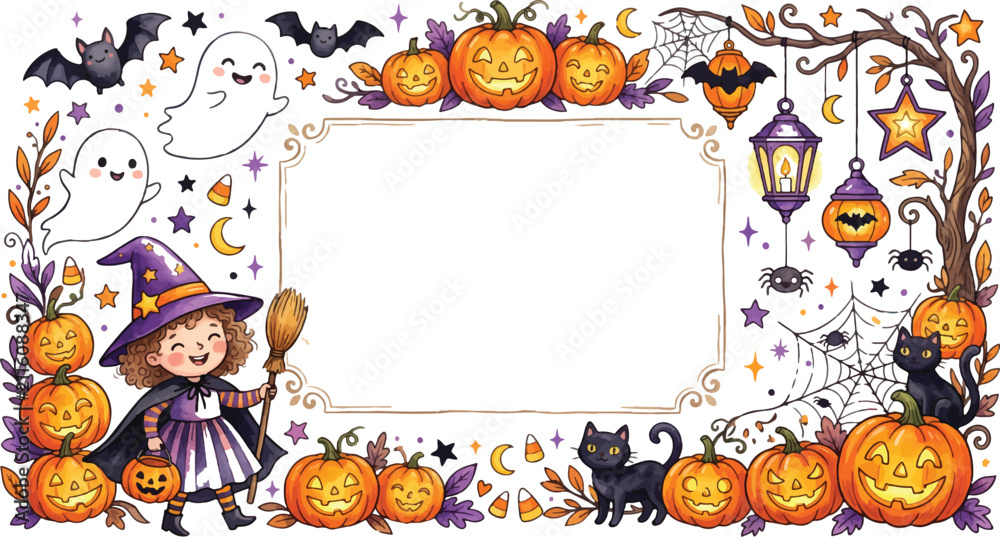 Fototapeta premium Halloween frame with cute witch pumpkins and ghosts, halloween