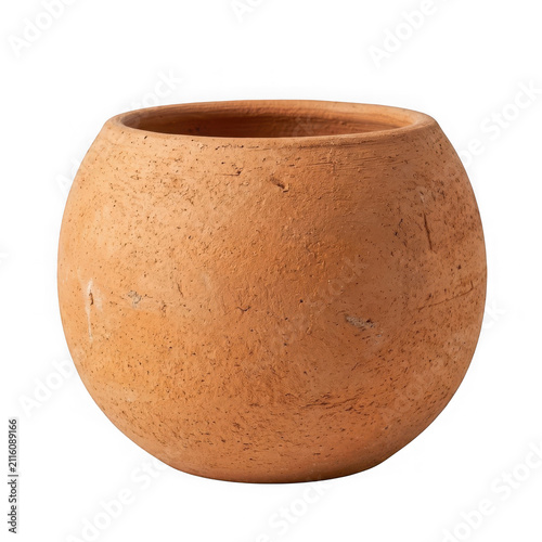 Round rustic terracotta clay pot with terracotta spherical flowerpot earthenware textured as isolated object