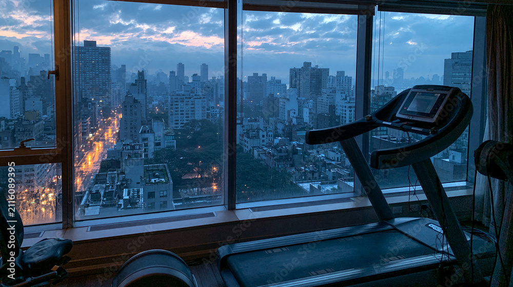 Fototapeta premium Urban Gym: Night Treadmill Workout with Cityscape Skyline through Window for Motivational Fitness Inspiration