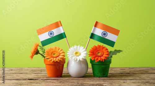 Creative India Independence Day decoration showcasing vibrant flower pots in saffron, white and green with Indian national flags and fresh blossoms against a bright green background, celebrating pride