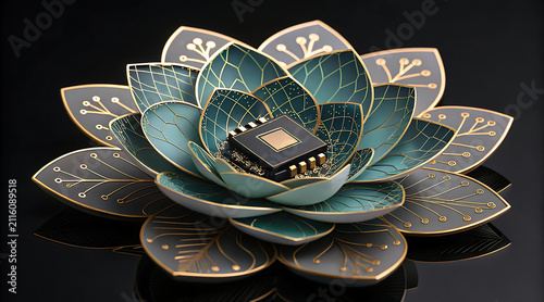 Digital flower circuit petal microchip 3d render gold line teal petal black background tech art