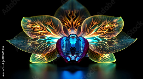 Futuristic orchid cyber flower glowing petal neon light digital art abstract design dark background symmetrical composition sci fi flower
