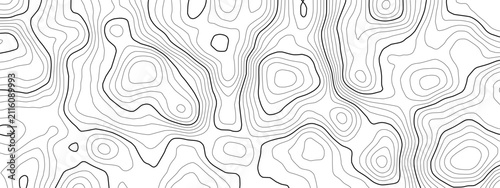 Line contour map with mountain topography vector and topographic texture pattern. Background terrain sea with wood trail cartography and land ocean relief. Abstract topo design with geographic.