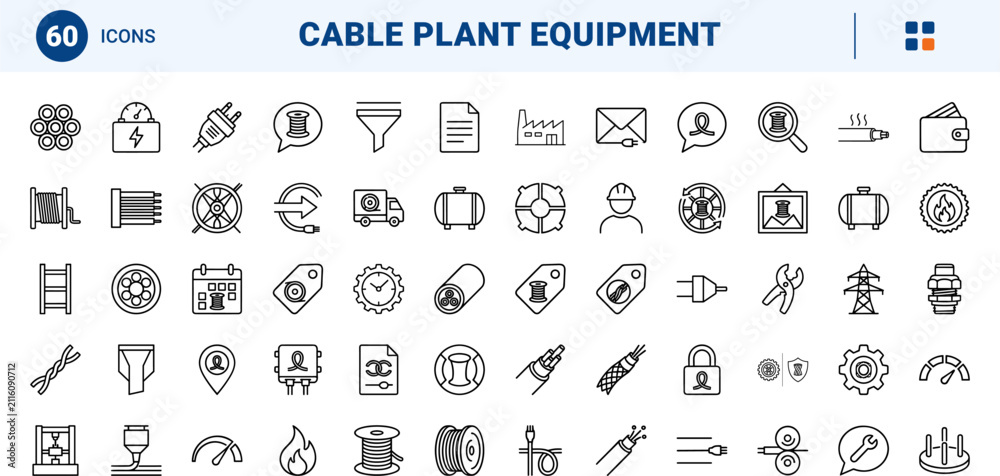 Fototapeta premium Industrial manufacturing line icon set. Vector pictograms of equipment, production, products, and supply elements, thin linear illustration.
