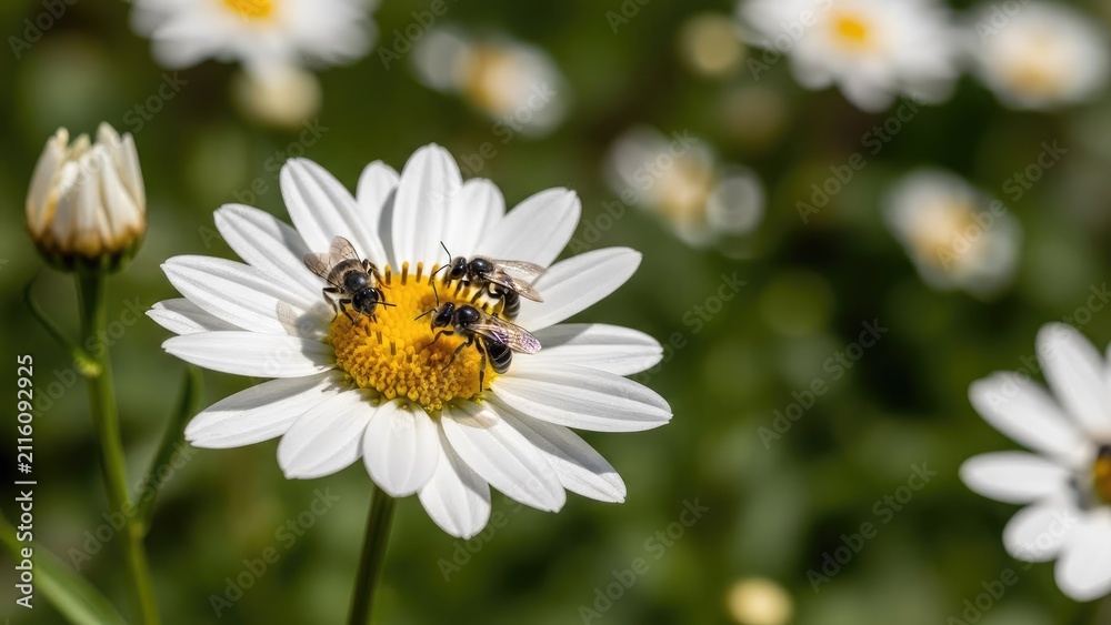 Obraz premium Honey bee collecting pollen from a white daisy.