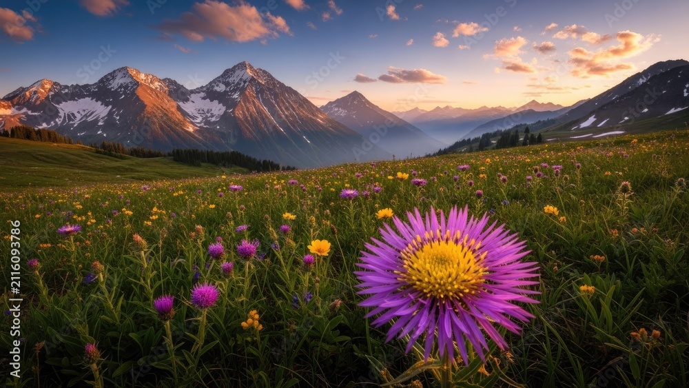 Fototapeta premium Wild purple aster flower in alpine mountain meadow.