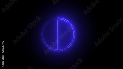 Glowing blue neon circle split in half icon on dark background
