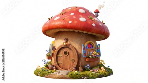 3d cartoon charming whimsical mushroom house with a red spotted cap, wooden door, stained glass windows, and colorful flowers, isolated on white background