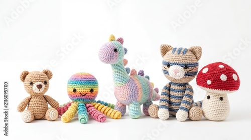 Assorted Crochet Plushies Arranged on White for E-commerce Product Display