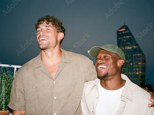 Two multiethnic male friends laughing together on a city rooftop at dusk, candid flash photo with authentic joy and urban skyline background.