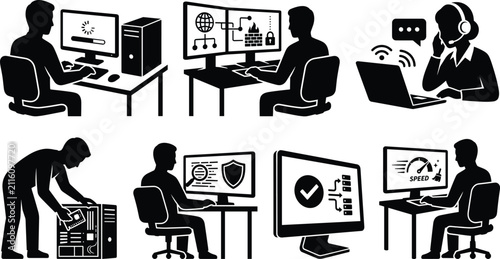 IT professional silhouette vector collection featuring computer repair, network security, and tech support services.