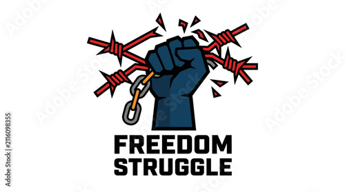 Dynamic illustration of a clenched fist breaking free from sharp barbed wire, symbolizing the struggle for freedom, human rights, and the powerful spirit of resistance against adversity and oppression