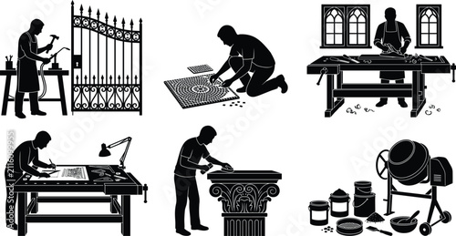 Set of black and white craftsmanship and manual trade silhouettes showing skilled artisans at work