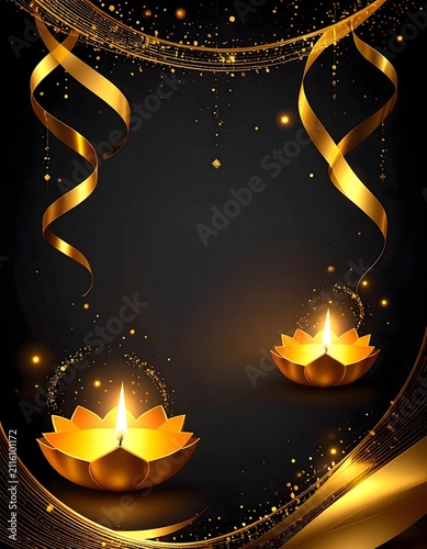 Diwa: Golden lotus lamps with flickering flames are illuminated against a dark background, adorned with elegant golden ribbons and shimmering particles.